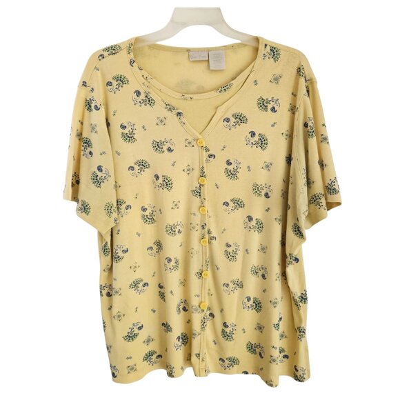 Bobby Brooks Top Womens 22/24 Yellow Blue Paisley Fan Print SS Pullover - Picture 1 of 7